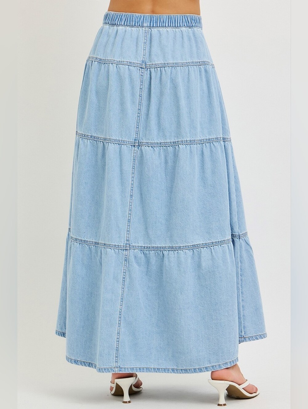 RISEN Light Wash Tiered Maxi Skirt Button Elastic Pull On Cotton Various NEW - Picture 5 of 6